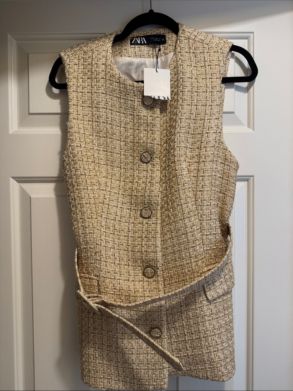 ZARA Cream-Beige Tweed Belted Sleeveless Vest
